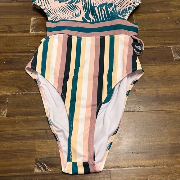 Cupshe Miss U Green One Piece Tropical Leaves Stripes Zipper Back Tie Small - Picture 8 of 9